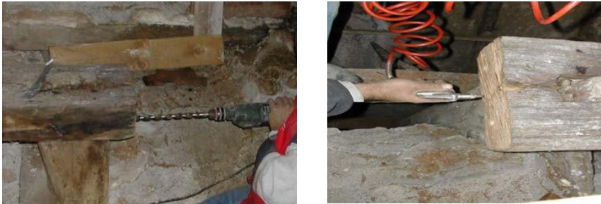 Perforación de la viga de madera para insertar las varillas de fibra de vidrio