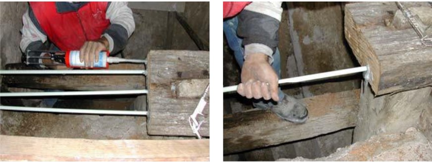 Inserción de varilla de fibra de vidrio y anclada con la resina ROD GLASS C.