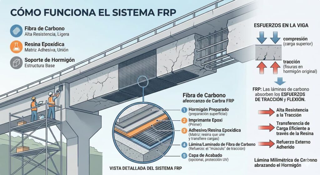 Esquema técnico de refuerzo FRP: aplicación de tejido Oly Tex y resina Oly Resin en viga de hormigón